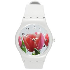 Red Tulips Round Plastic Sport Watch (m) by picsaspassion