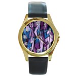Purple decorative abstract art Round Gold Metal Watch Front