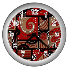 Red And Brown Abstraction Wall Clocks (silver)  by Valentinaart