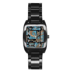 Blue And Brown Abstraction Stainless Steel Barrel Watch by Valentinaart