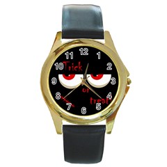 Halloween  trick Or Treat  - Monsters Red Eyes Round Gold Metal Watch by Valentinaart