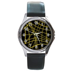 Yellow Abstract Warped Lines Round Metal Watch by Valentinaart