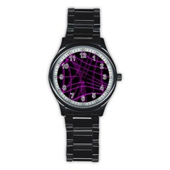 Purple And Black Warped Lines Stainless Steel Round Watch by Valentinaart