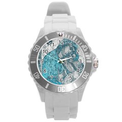 Mother Mary And Infant Jesus Christ  Blue Portrait Old Vintage Drawing Round Plastic Sport Watch (L)