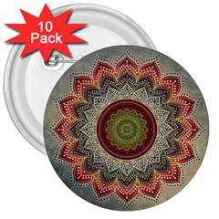 Folk Art Lotus Mandala Dirty Blue Red 3  Buttons (10 Pack)  by EDDArt