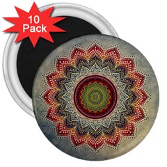 Folk Art Lotus Mandala Dirty Blue Red 3  Magnets (10 Pack)  by EDDArt