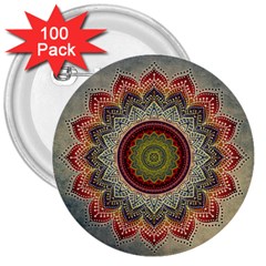 Folk Art Lotus Mandala Dirty Blue Red 3  Buttons (100 Pack) 