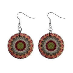 Folk Art Lotus Mandala Dirty Blue Red Mini Button Earrings by EDDArt