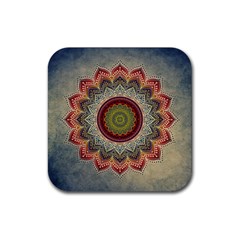 Folk Art Lotus Mandala Dirty Blue Red Rubber Coaster (square)  by EDDArt