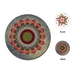 Folk Art Lotus Mandala Dirty Blue Red Playing Cards (round) 