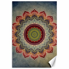 Folk Art Lotus Mandala Dirty Blue Red Canvas 24  X 36 