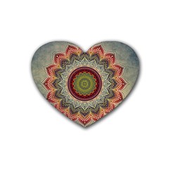 Folk Art Lotus Mandala Dirty Blue Red Rubber Coaster (heart)  by EDDArt