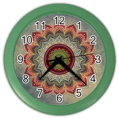 Folk Art Lotus Mandala Dirty Blue Red Color Wall Clocks by EDDArt