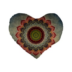 Folk Art Lotus Mandala Dirty Blue Red Standard 16  Premium Flano Heart Shape Cushions by EDDArt