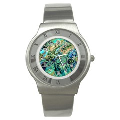 Fractal Batik Art Teal Turquoise Salmon Stainless Steel Watch by EDDArt