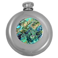 Fractal Batik Art Teal Turquoise Salmon Round Hip Flask (5 Oz) by EDDArt