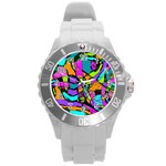 Abstract Sketch Art Squiggly Loops Multicolored Round Plastic Sport Watch (L) Front