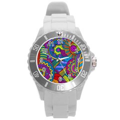 Pop Art Paisley Flowers Ornaments Multicolored Round Plastic Sport Watch (l) by EDDArt