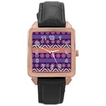 Colorful Winter Pattern Rose Gold Leather Watch  Front