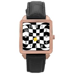 Dropout Yellow Black And White Distorted Check Rose Gold Leather Watch  by designworld65