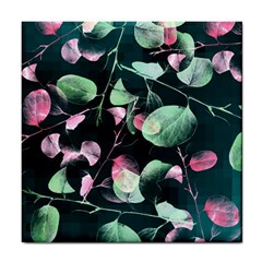 Modern Green And Pink Leaves Tile Coasters by DanaeStudio