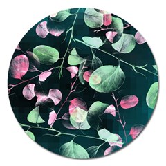 Modern Green And Pink Leaves Magnet 5  (round)