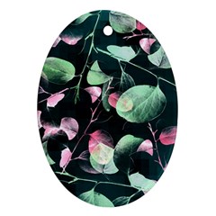 Modern Green And Pink Leaves Oval Ornament (two Sides)