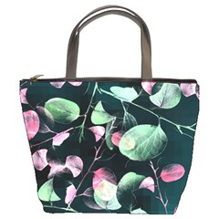 Modern Green And Pink Leaves Bucket Bags by DanaeStudio