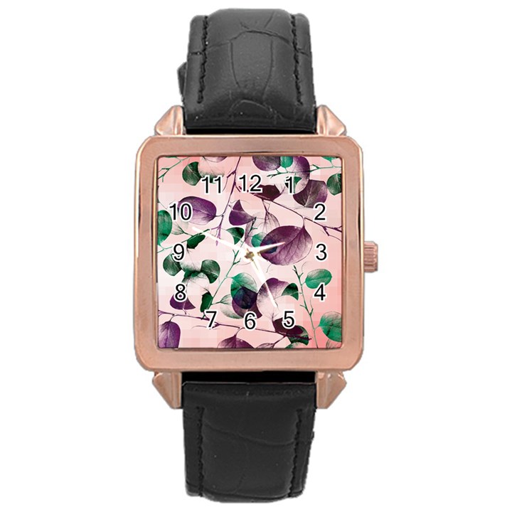 Spiral Eucalyptus Leaves Rose Gold Leather Watch 