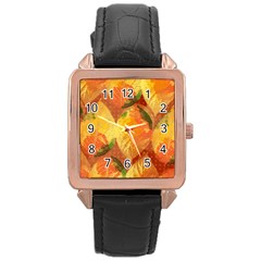 Fall Colors Leaves Pattern Rose Gold Leather Watch  by DanaeStudio