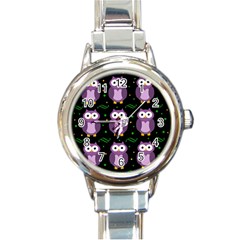 Halloween Purple Owls Pattern Round Italian Charm Watch by Valentinaart