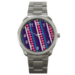 Purple And Pink Retro Geometric Pattern Sport Metal Watch by DanaeStudio