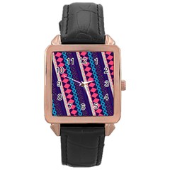 Purple And Pink Retro Geometric Pattern Rose Gold Leather Watch  by DanaeStudio