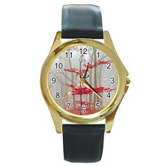 Magic forest in red and white Round Gold Metal Watch