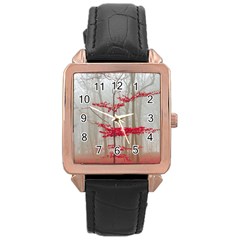 Magic forest in red and white Rose Gold Leather Watch 