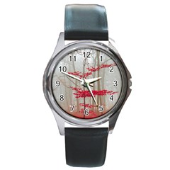 Magic Forest In Red And White Round Metal Watch