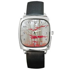 Magic Forest In Red And White Square Metal Watch