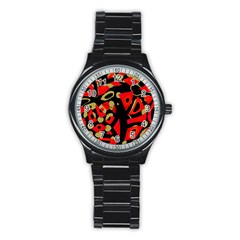 Red Artistic Design Stainless Steel Round Watch by Valentinaart