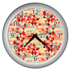 Modern Hipster Triangle Pattern Red Blue Beige Wall Clocks (silver)  by EDDArt