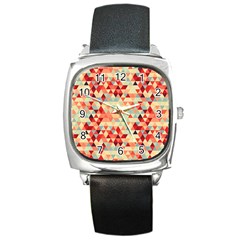 Modern Hipster Triangle Pattern Red Blue Beige Square Metal Watch by EDDArt