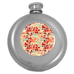 Modern Hipster Triangle Pattern Red Blue Beige Round Hip Flask (5 Oz) by EDDArt