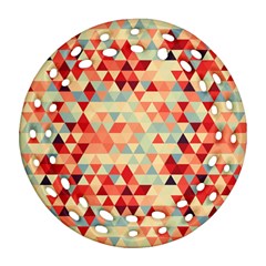 Modern Hipster Triangle Pattern Red Blue Beige Round Filigree Ornament (2side) by EDDArt