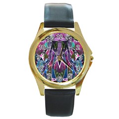 Sly Dog Modern Grunge Style Blue Pink Violet Round Gold Metal Watch by EDDArt