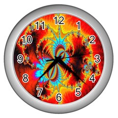 Crazy Mandelbrot Fractal Red Yellow Turquoise Wall Clocks (silver)  by EDDArt