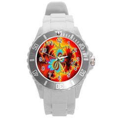 Crazy Mandelbrot Fractal Red Yellow Turquoise Round Plastic Sport Watch (l) by EDDArt