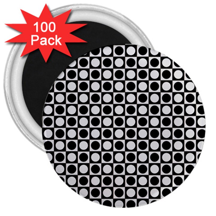 Modern Dots In Squares Mosaic Black White 3  Magnets (100 pack)