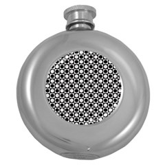 Modern Dots In Squares Mosaic Black White Round Hip Flask (5 Oz)