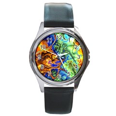 Abstract Fractal Batik Art Green Blue Brown Round Metal Watch by EDDArt