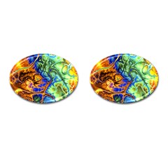 Abstract Fractal Batik Art Green Blue Brown Cufflinks (oval) by EDDArt