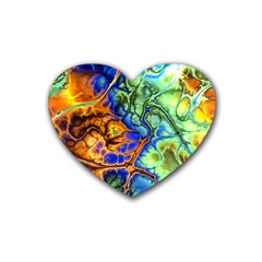 Abstract Fractal Batik Art Green Blue Brown Rubber Coaster (heart)  by EDDArt